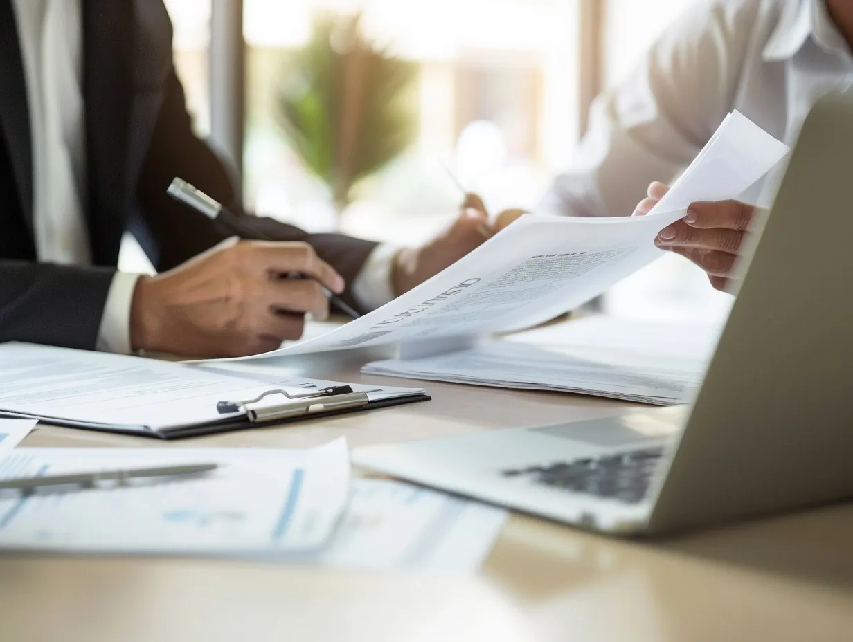 補助金申請書類を確認しながら中小企業の経営者に説明する様子